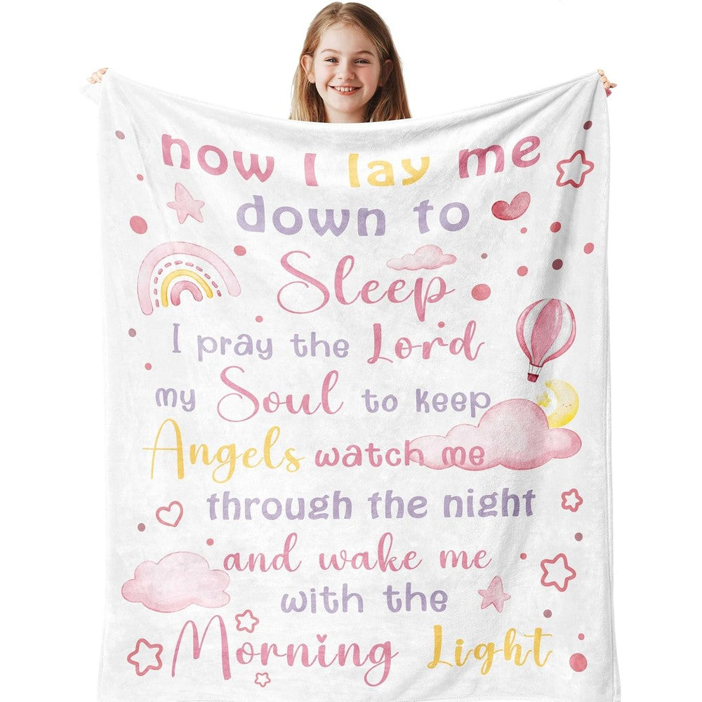 Punofell baptism prayer blanket front view showing the printed text in pink and gold colors.