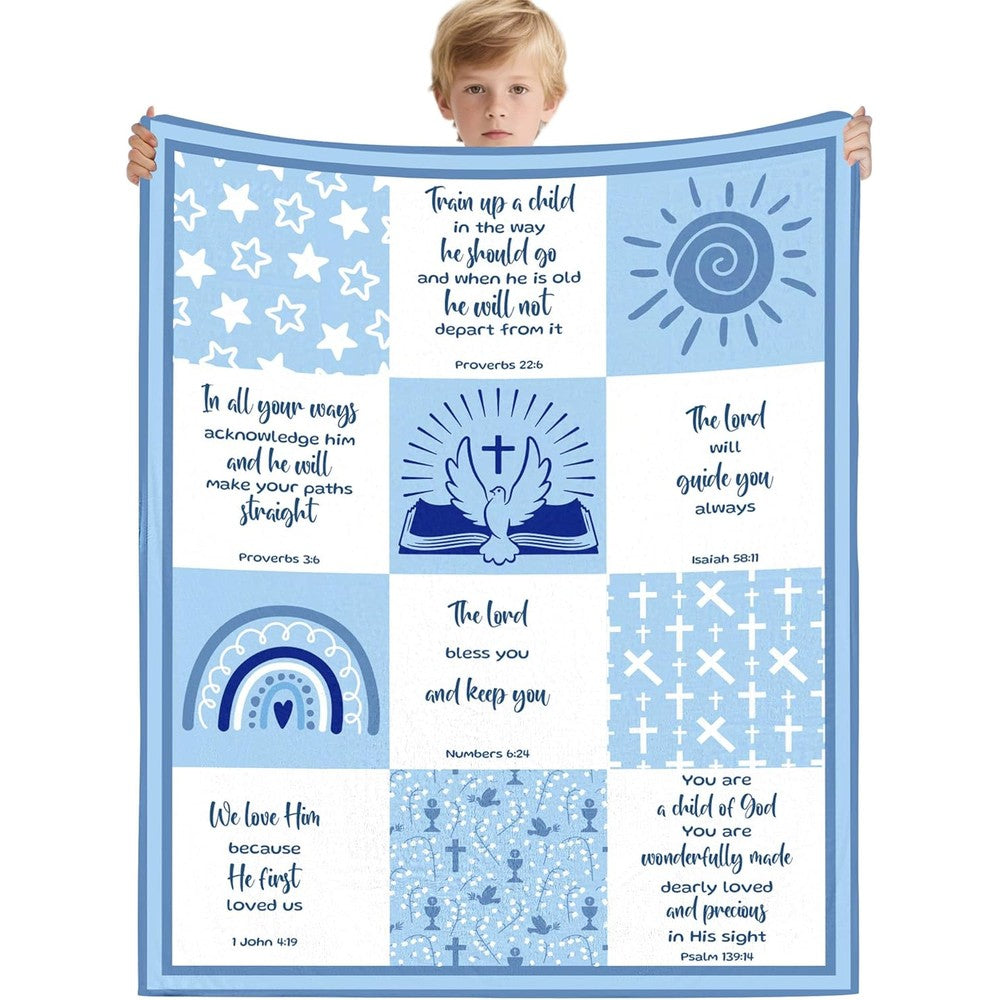 Bozidol Christian baby boy blanket front view showing blue nine square layout with Bible verses