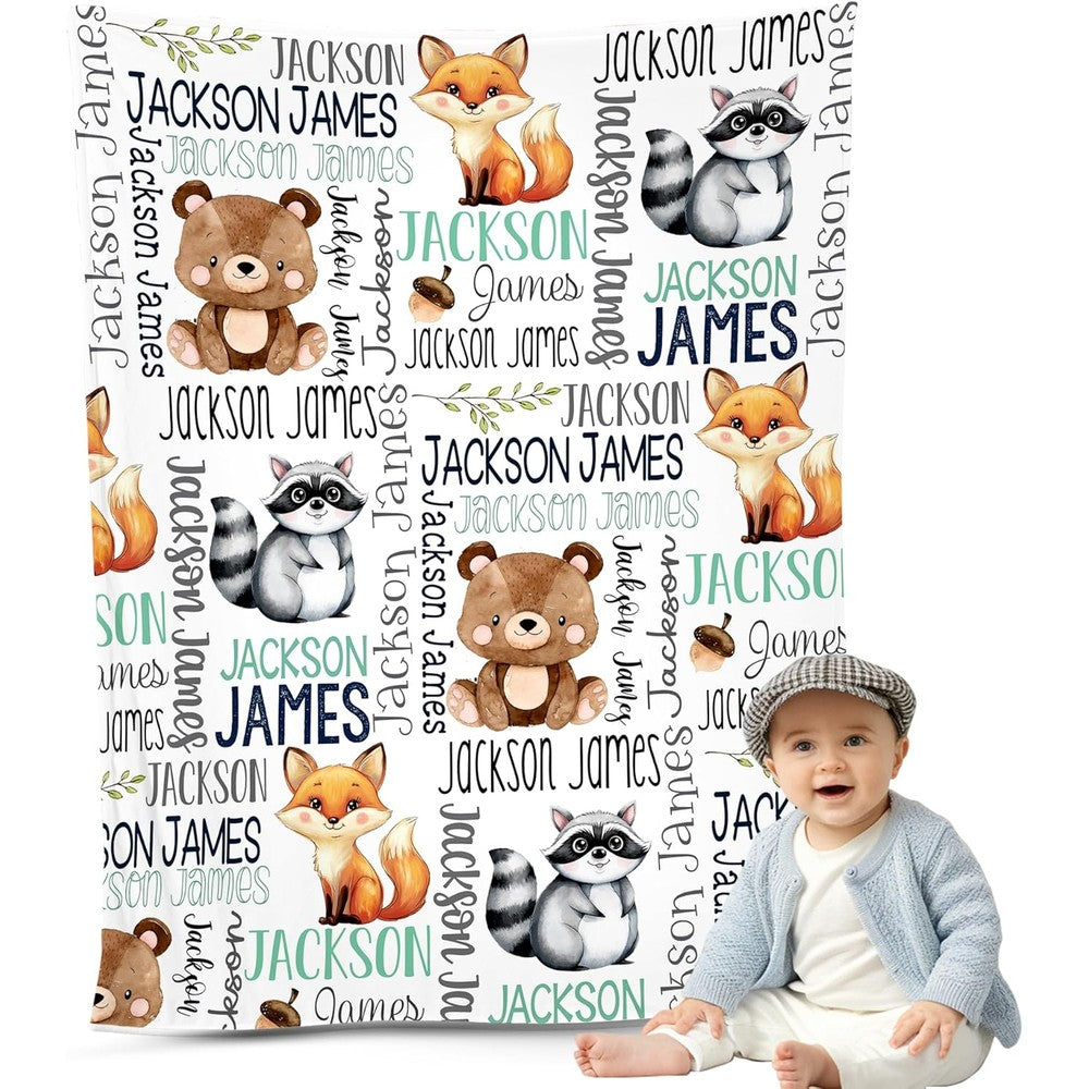 Nazenti Personalized Baby Boys Blanket front view showing custom woodland name print.