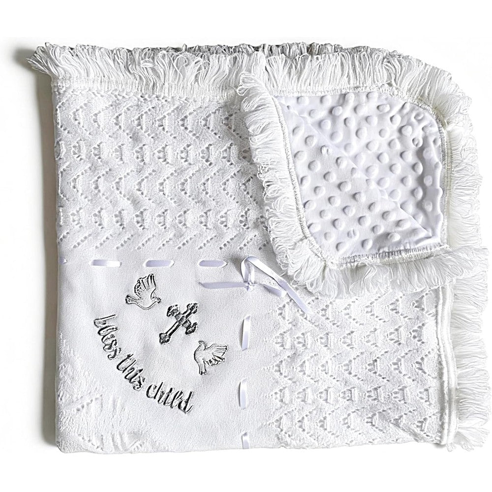 Runeaoys white crochet baby blanket front view showcasing Bless This Child embroidery for baptism gifts.