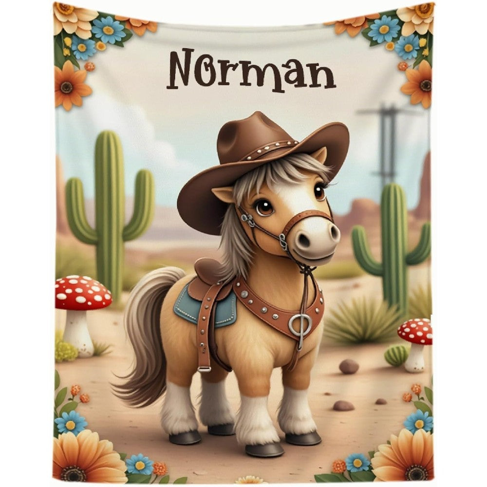 Generic Custom Baby Cowboy Blanket front view showcasing personalized name text over an illustration of a horse in a hat.