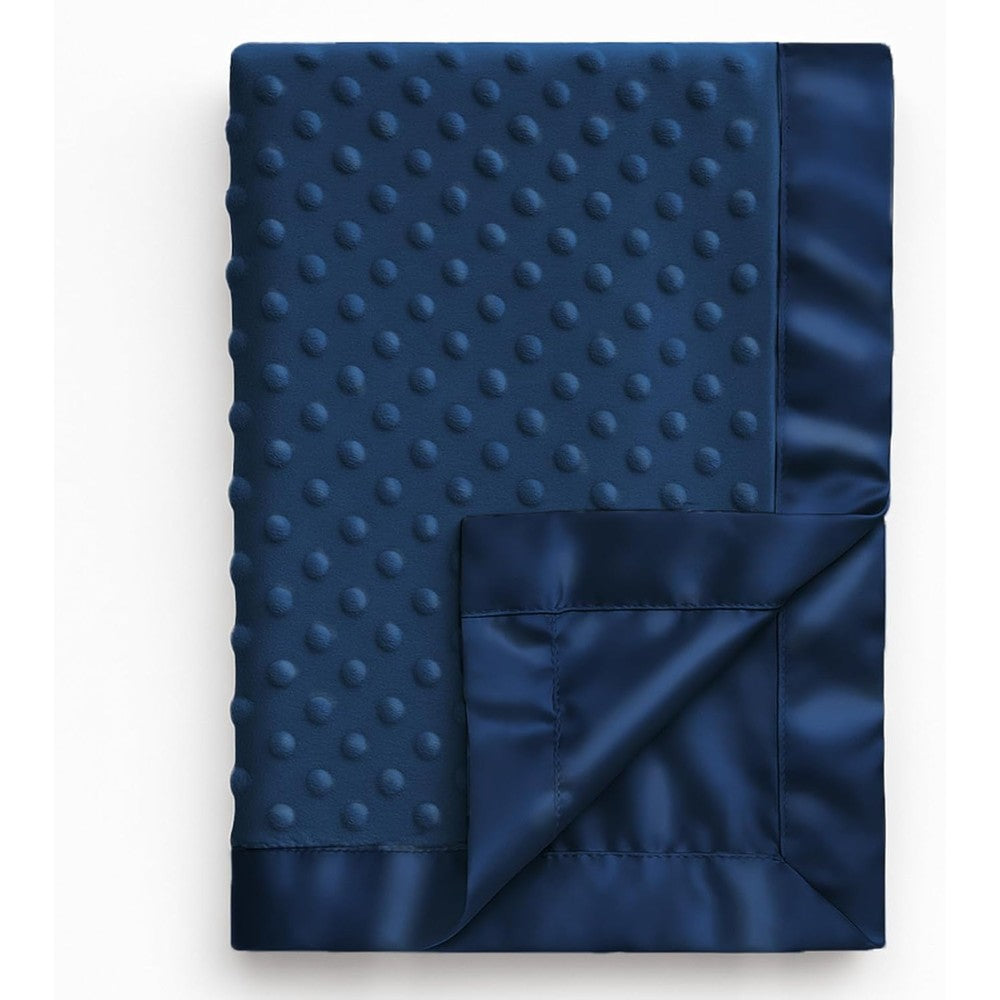 Pro Goleem Baby Soft Minky Dot Blanket front view showing navy blue plush texture and satin border