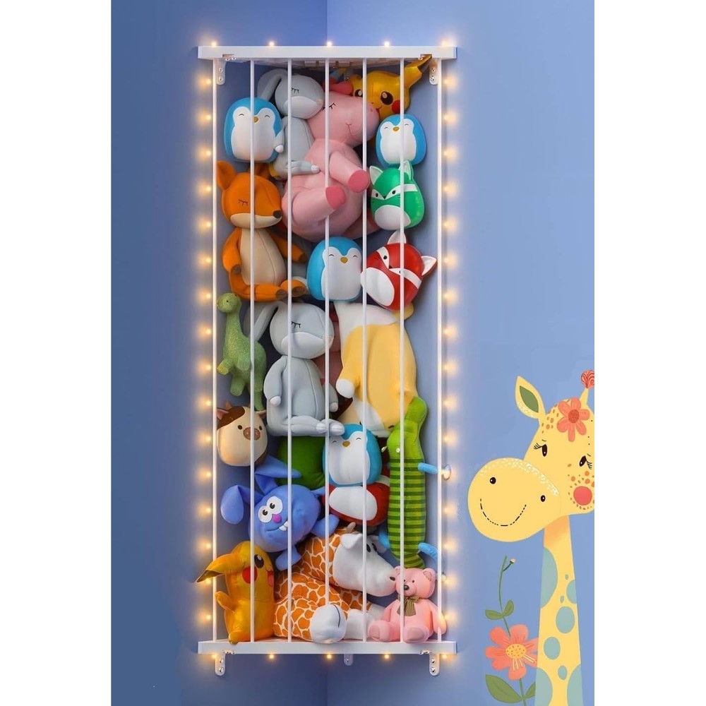 GGUO corner stuffed animal storage net front view hanging in a clean white nursery corner holding soft plushies.