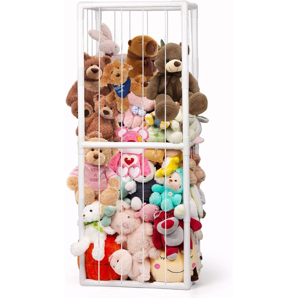 BomSaluka stuffed animal storage zoo front view filled with children's plush toys in a playroom setting.