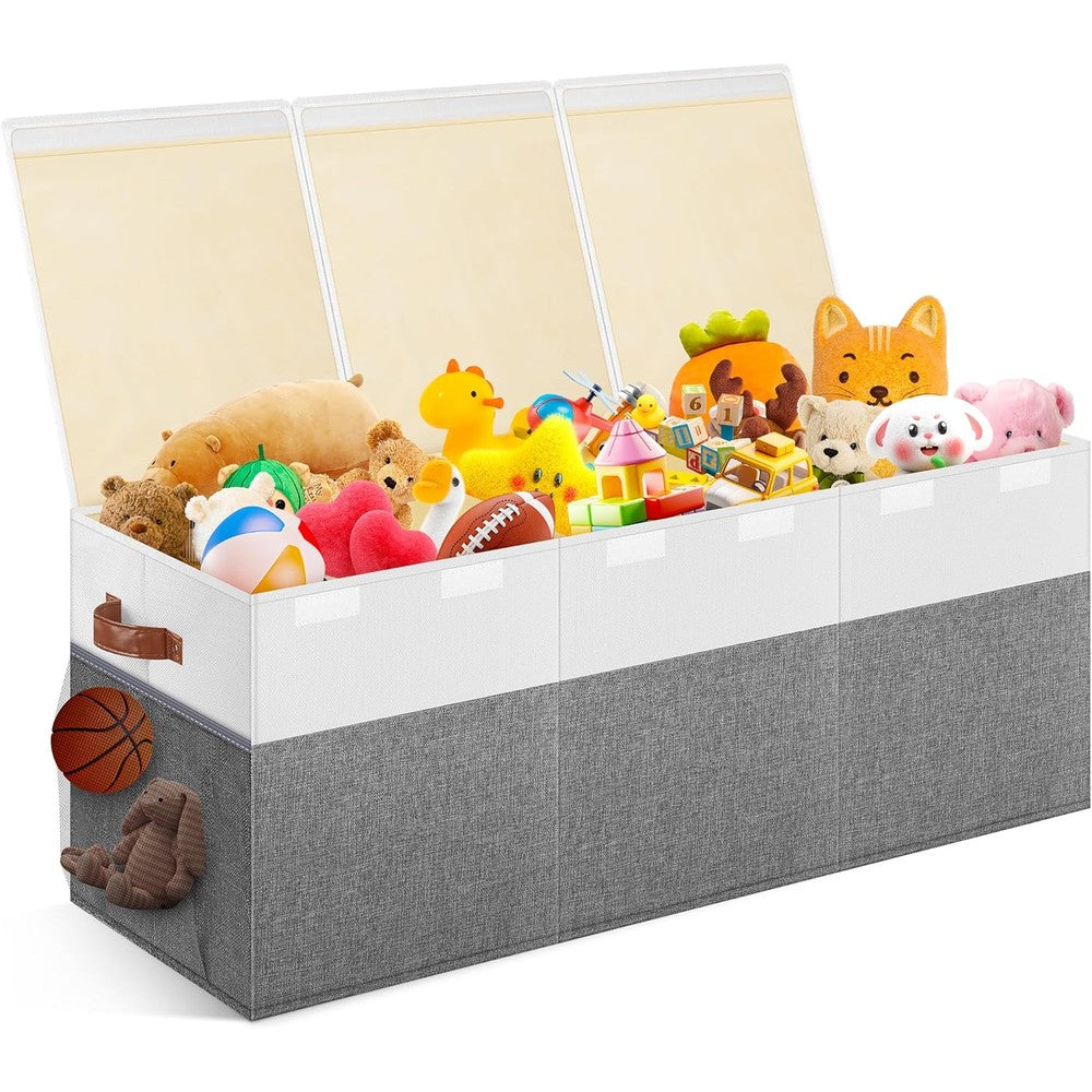 Mabahoo extra large toy storage box front view displaying gray and white fabric exterior with lids closed