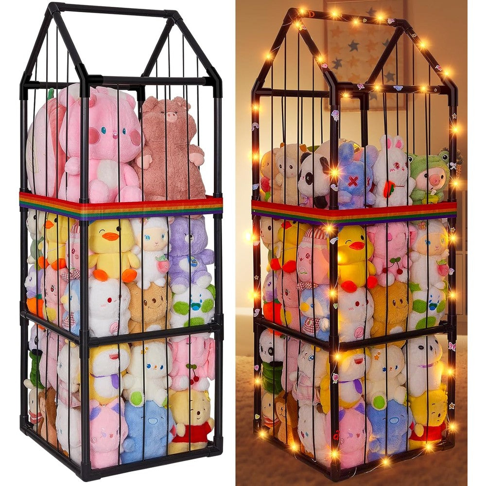Unicorn Castle stuffed animals storage zoo front view with colorful plush toys inside.