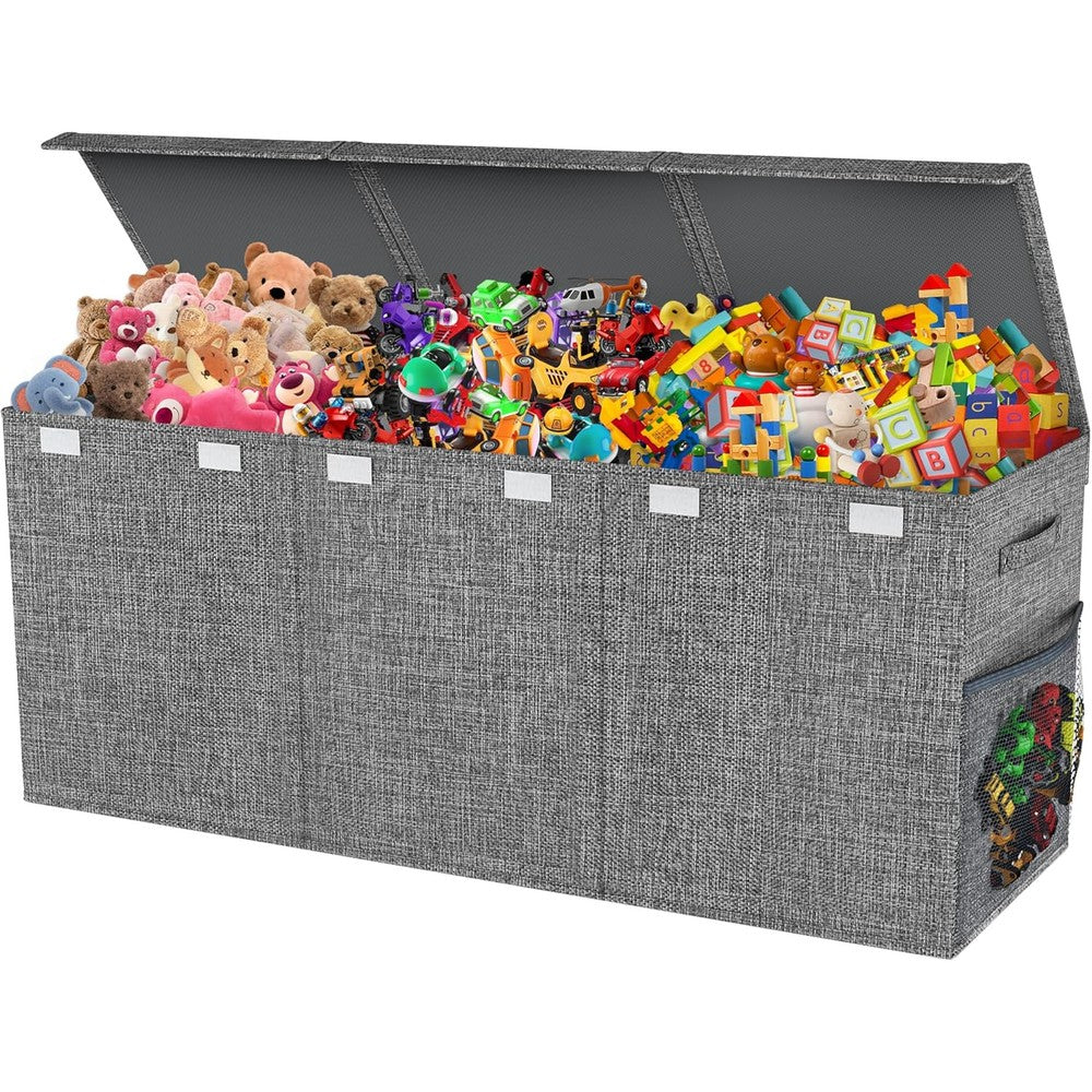 Mabahoo extra large toy box chest front view with three gray fabric lids closed