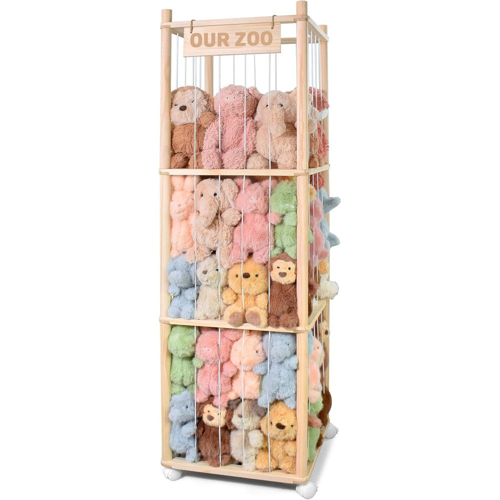 BENCHRY wooden stuffed animal storage zoo tower front view filled with plush toys in a neat nursery setup
