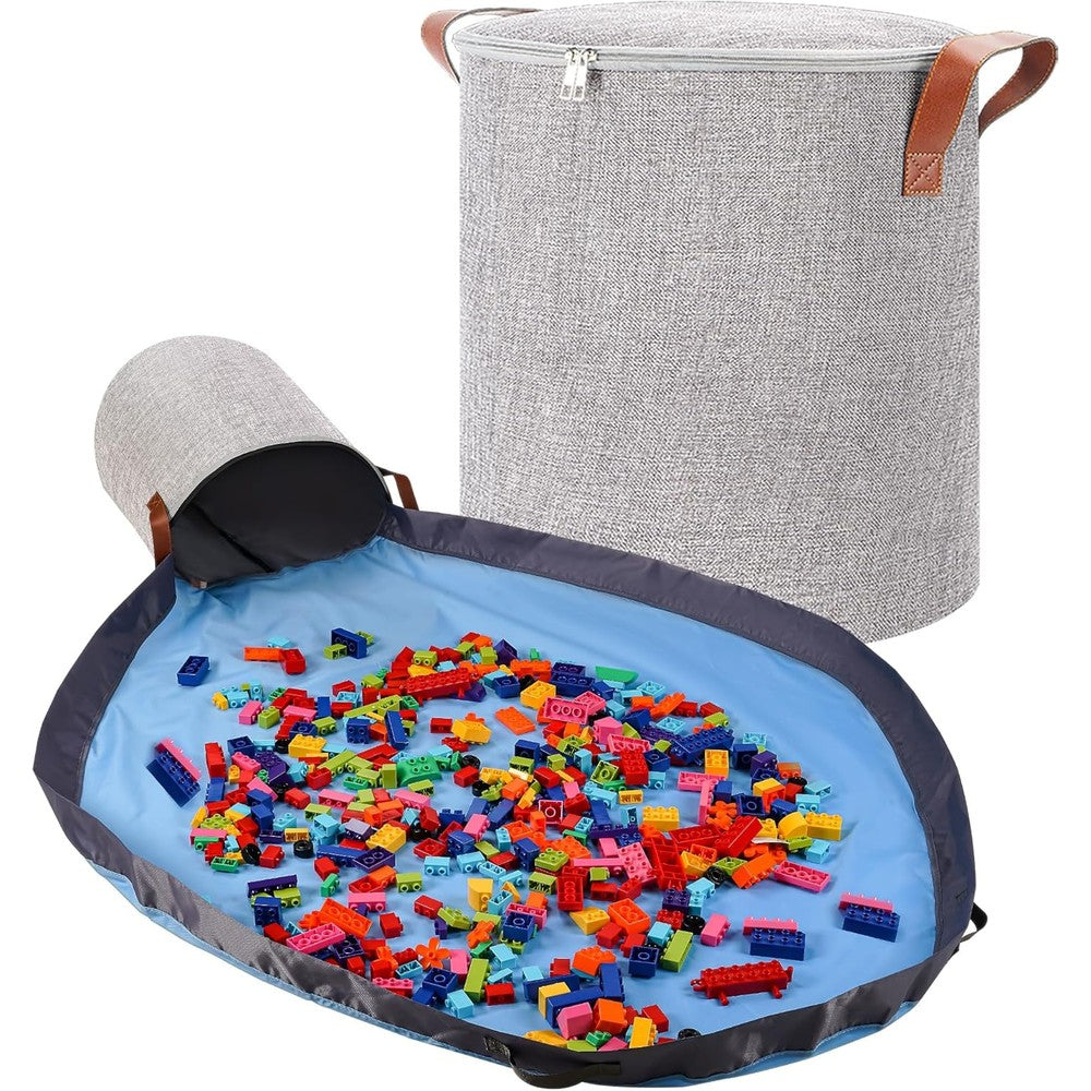 SAM AND MABEL XXL Toy Storage Organizer front view showing gray linen fabric bin with lid closed.