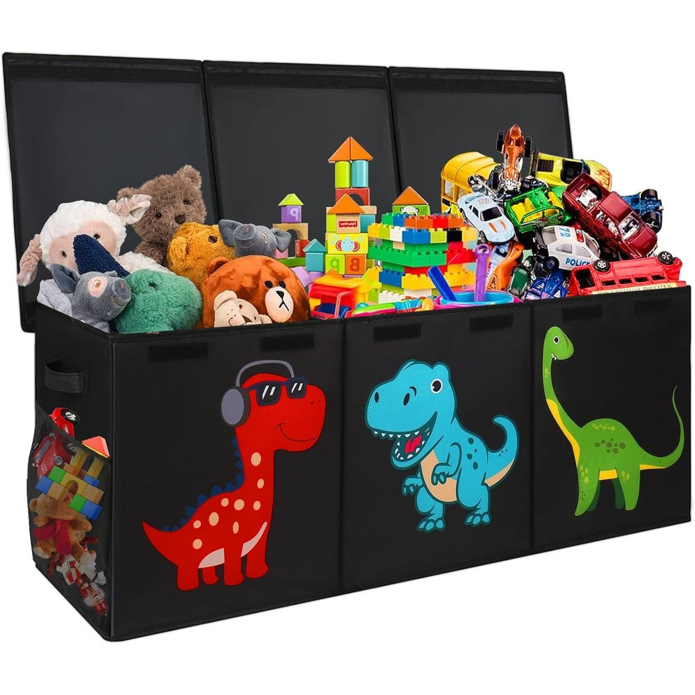 Mabahoo extra large fabric toy box front view showing black dinosaur design in a well lit kids playroom setting