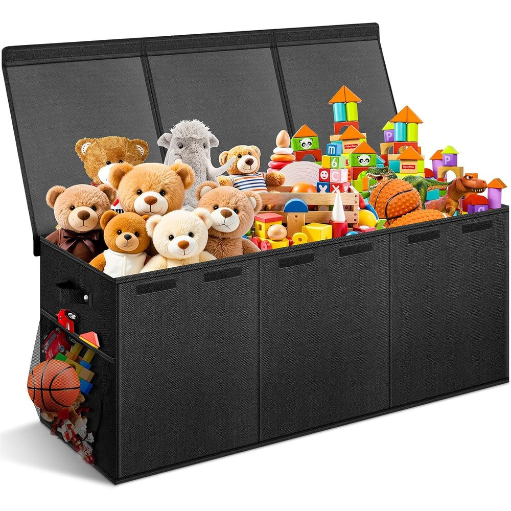 Rocamdo extra large toy box front view in black linen fabric showing three closed lids