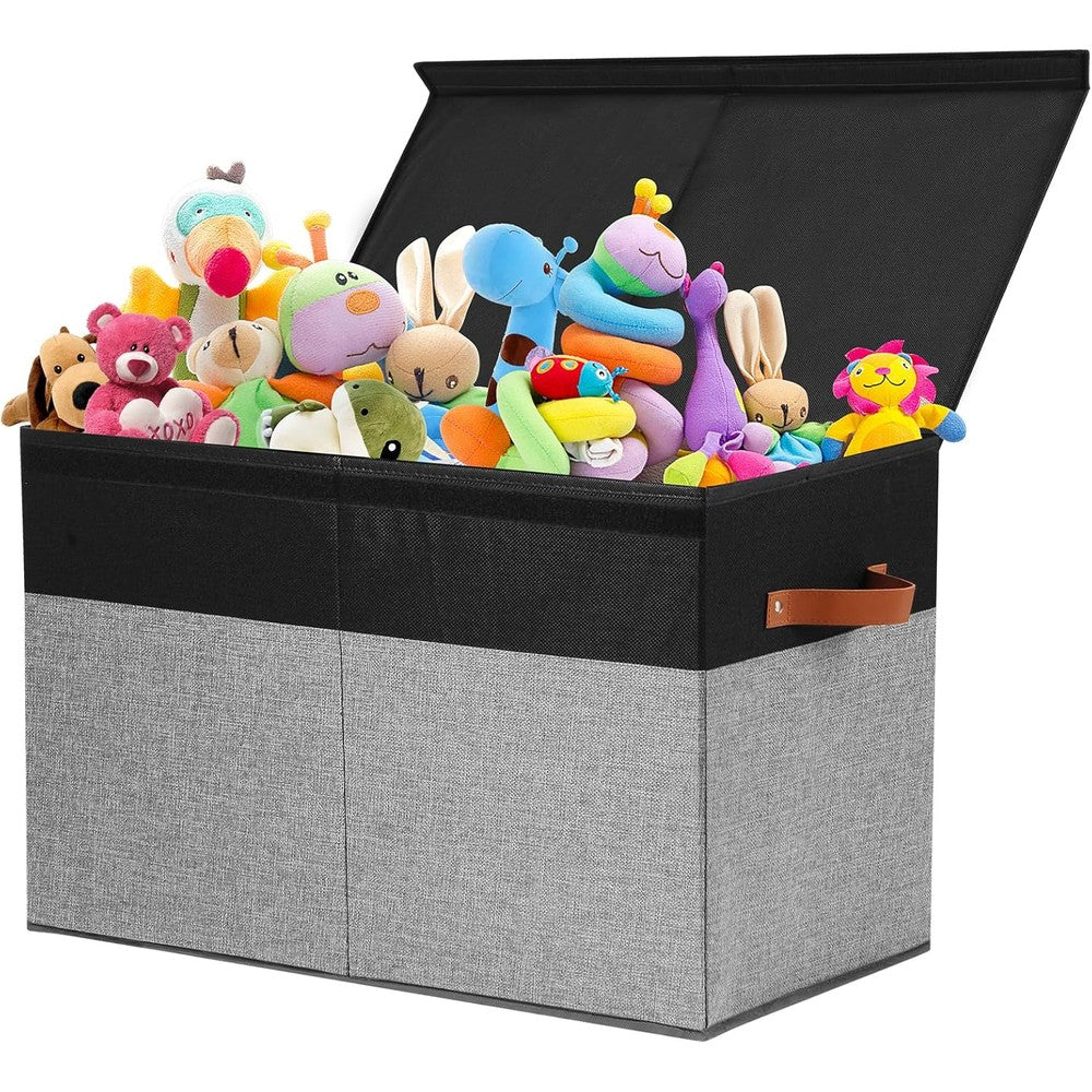 Gowee large toy storage box front view displaying the black and grey fabric design with closed lid