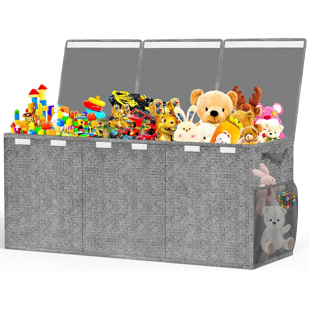 Beadsky extra large toy box chest front view displaying the gray fabric exterior and three closed lids.