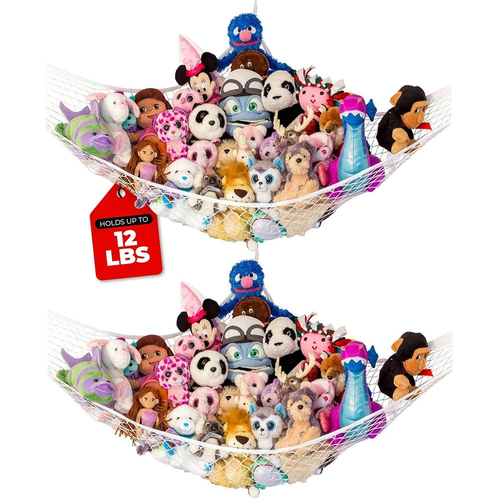 Lilly's Love stuffed animal hammock front view showcasing white corner toy storage net filled with plush toys