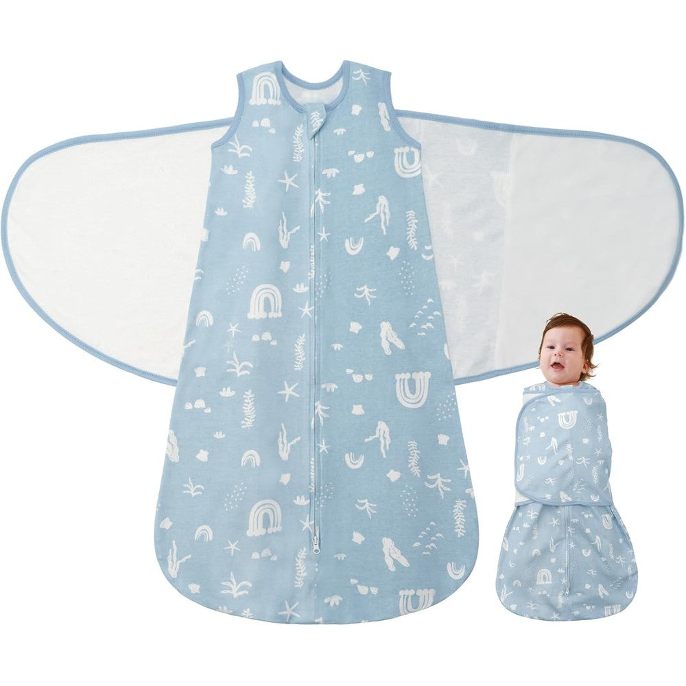 Lilbestie baby swaddle sleep sack front view in seabed world pattern