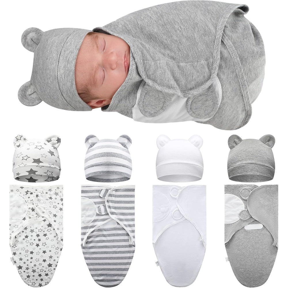 Buryeah 4 pack preemie swaddle blanket and hat set front view