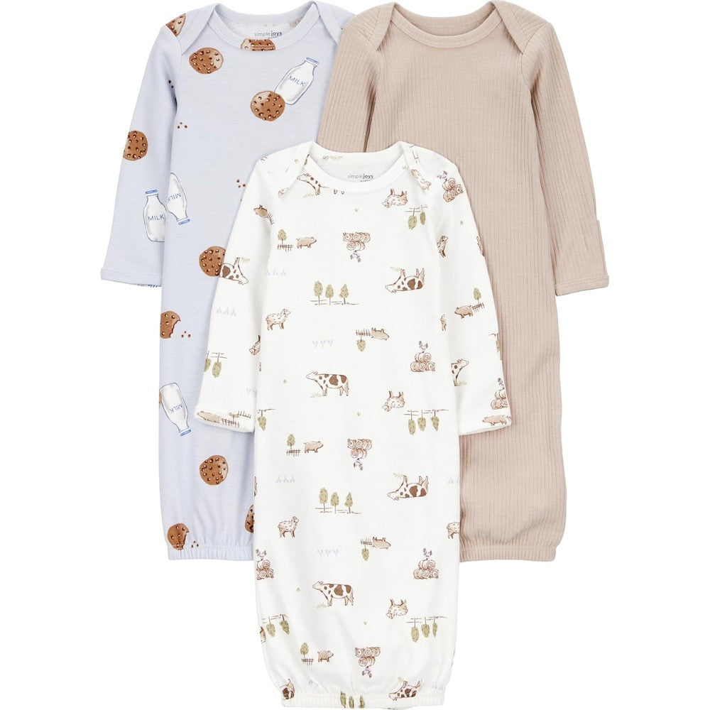Simple Joys by Carter's unisex baby 3-pack neutral cotton sleeper gown front view