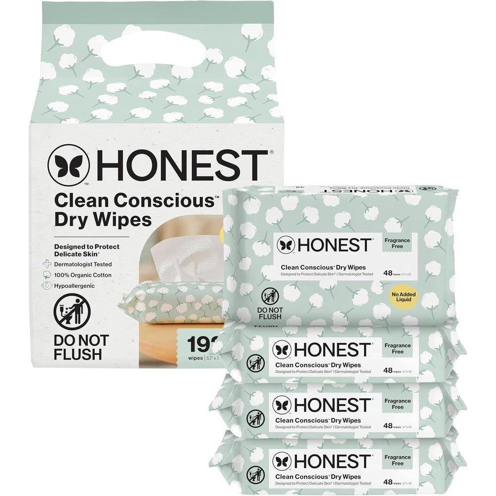 The Honest Company 100 Percent Pure Organic Cotton Dry Baby Wipes Cleaning Sustainably Sourced | 192 Cloths