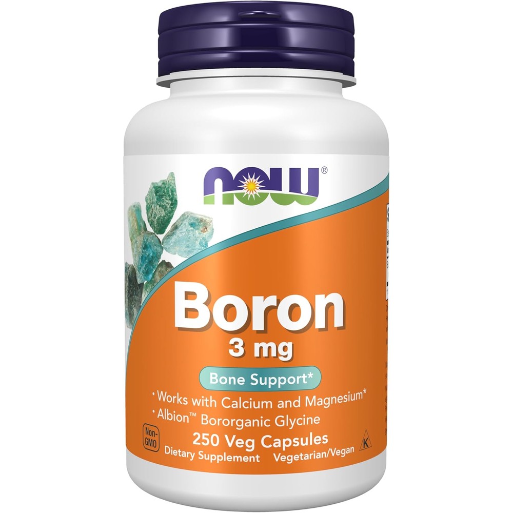 Supplement bottle labeled 'Boron 3 mg' by NOW on a white background