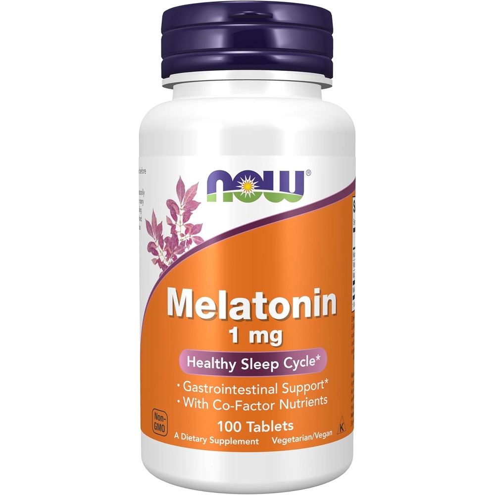 Now Foods Melatonin 1 mg front view bottle for sleep cycle support