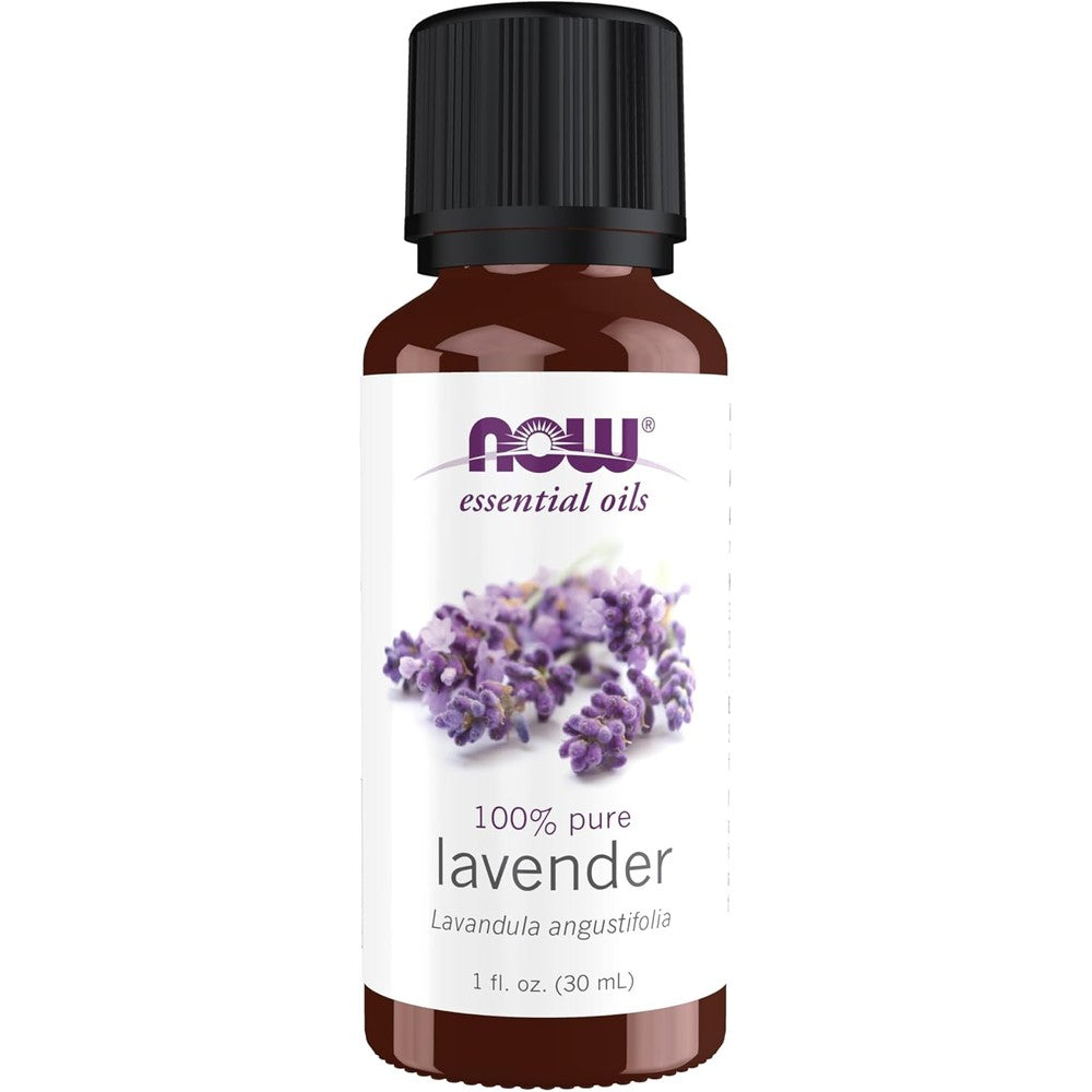 Now Foods Lavender Essential Oil 1 fluid ounce bottle front view showcasing authentic packaging