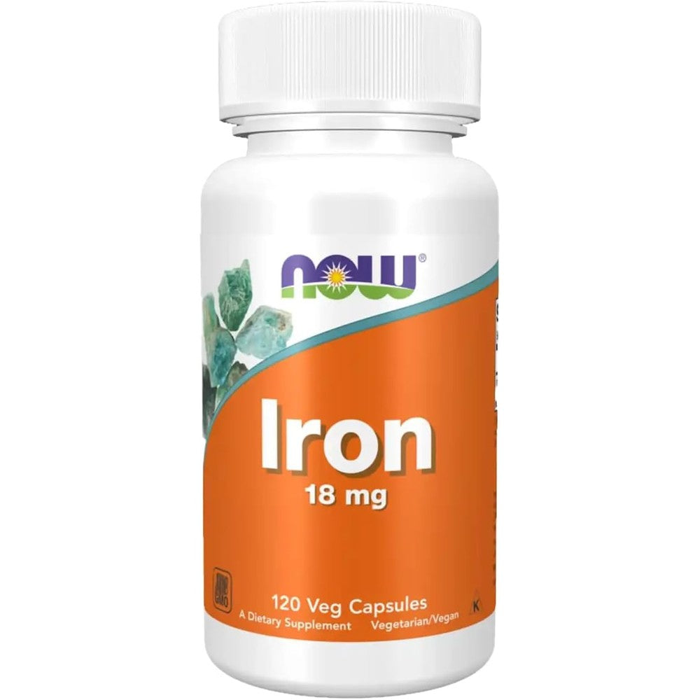 Now Foods Iron 18 Milligrams 120 Vegetable Capsules front bottle label showing non-constipating formulation.