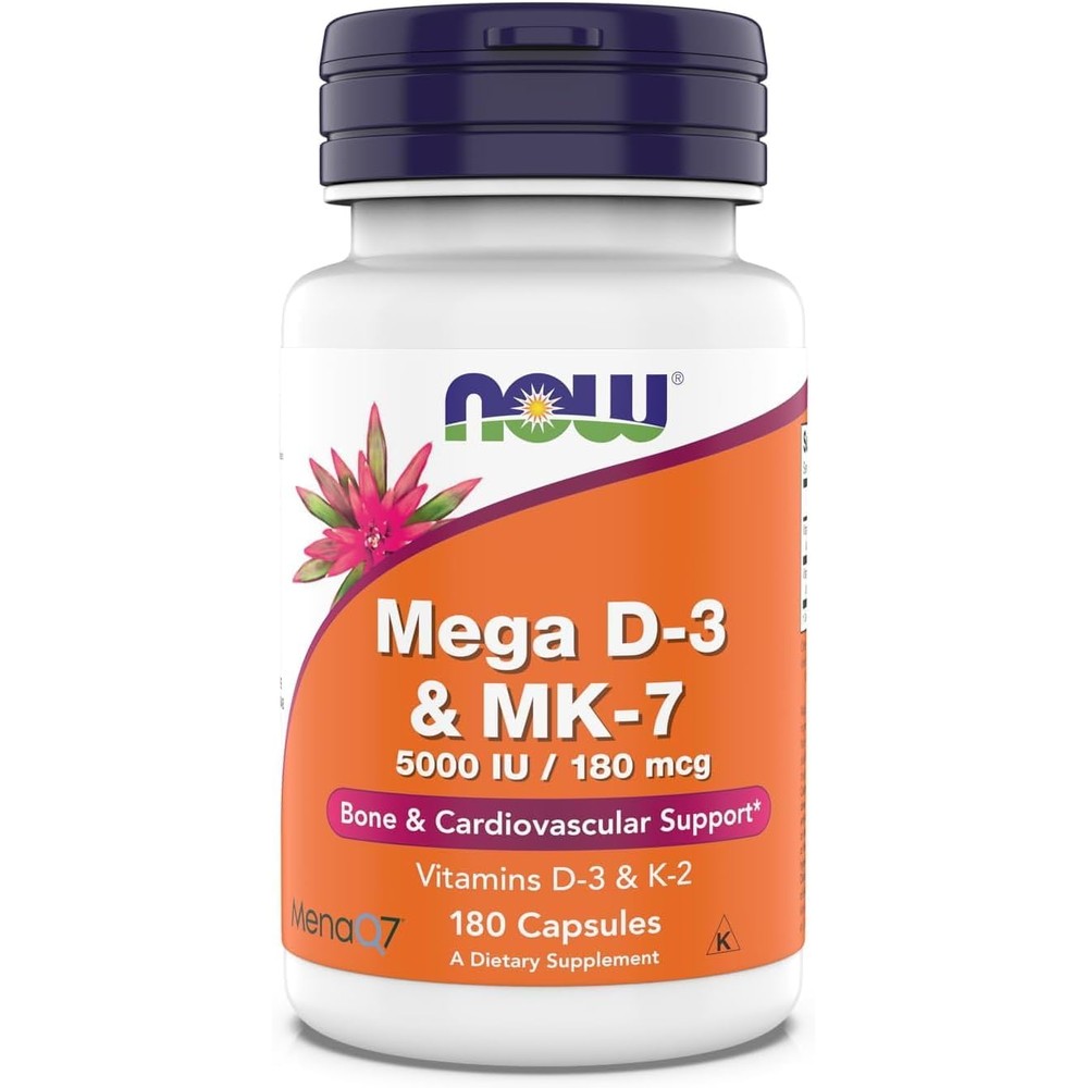 NOW Foods Mega Vitamin D3 And MK7 5000 IU And 180 Micrograms Bone And Cardiovascular Support Dietary Supplement 180 Capsules