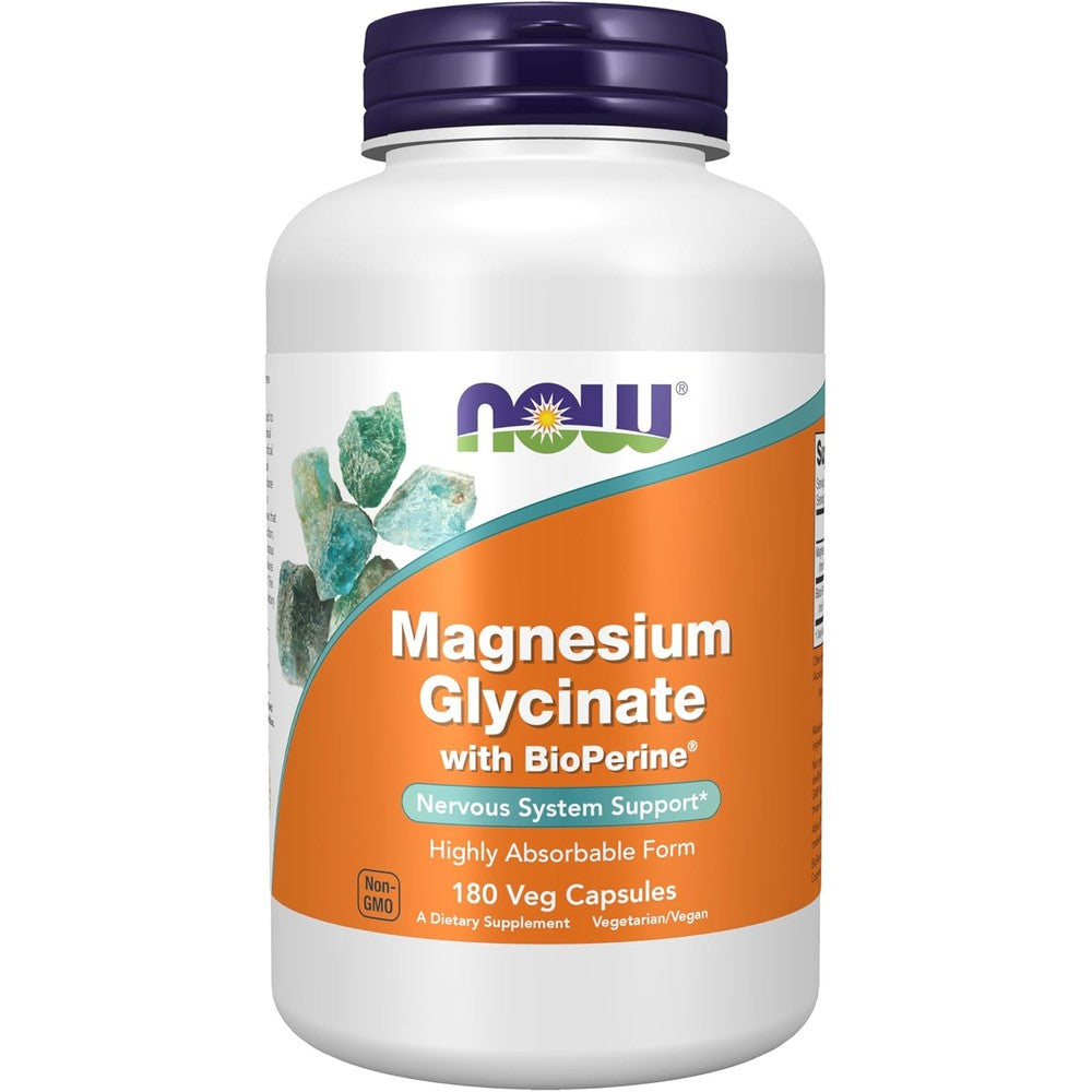 NOW Foods Magnesium Glycinate With BioPerine Nervous System Support Support 200 mg Dietary Supplement 180 Vegetarian Capsules