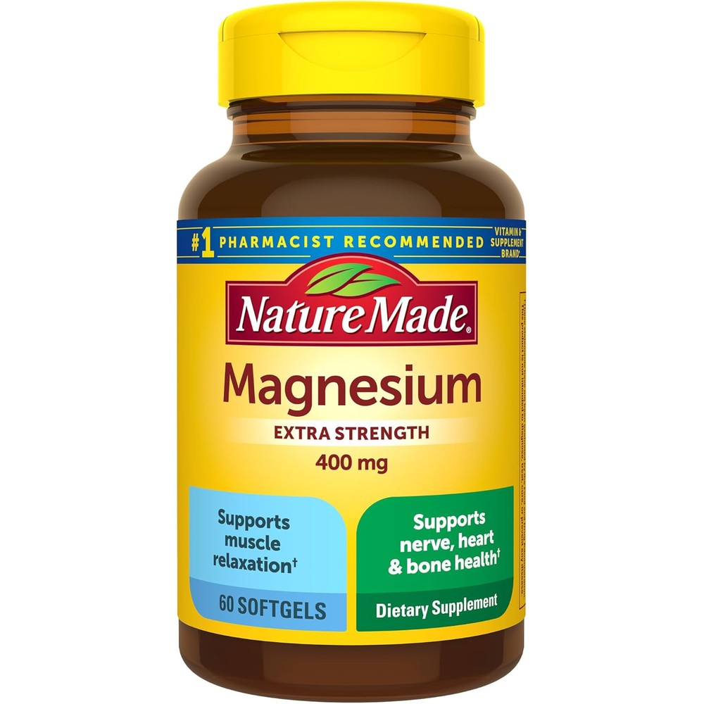 Nature Made High Potency Magnesium 400 Milligram front view of the bottle showing supplement facts.