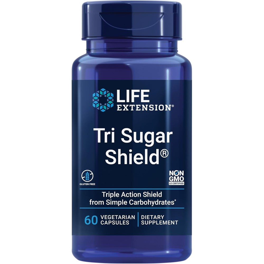 Life Extension Tri Sugar Shield 60 vegetarian capsules front bottle view for glucose metabolism support
