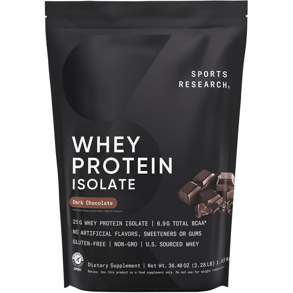 Sports Research 100 Percent Whey Protein Isolate Dark Chocolate Powder With Branched Chain Amino Acids Gluten Free 2 Pound Bulk Bag 25 Servings