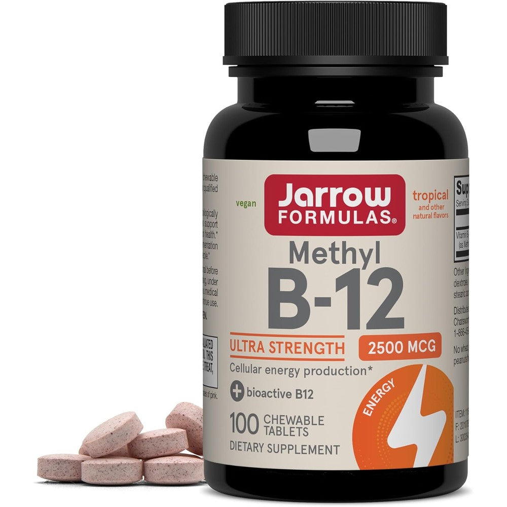 Jarrow Formulas Methyl Vitamin B12 2500 mcg, Bioactive Methylcobalamin For Energy And Brain Health, Tropical Flavor, 100 Chewable Tablets