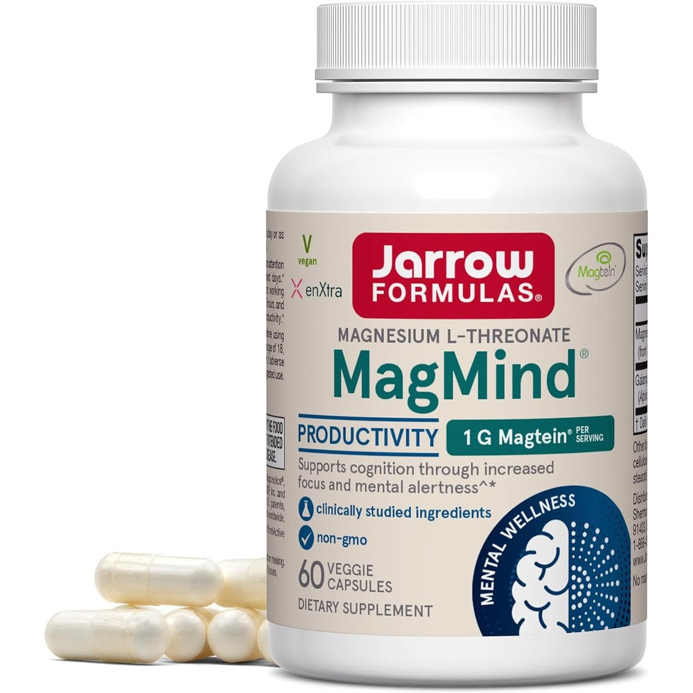 Jarrow Formulas MagMind Productivity front view bottle of authentic brain supplement capsules.