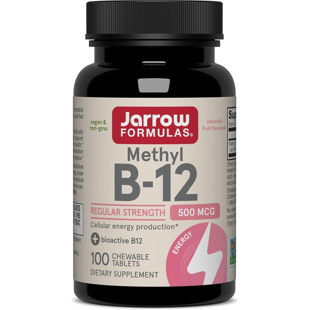 Jarrow Formulas Methyl B-12 Dietary Supplement 500 Micrograms Cherry Flavor Chewable Tablets 100 Count