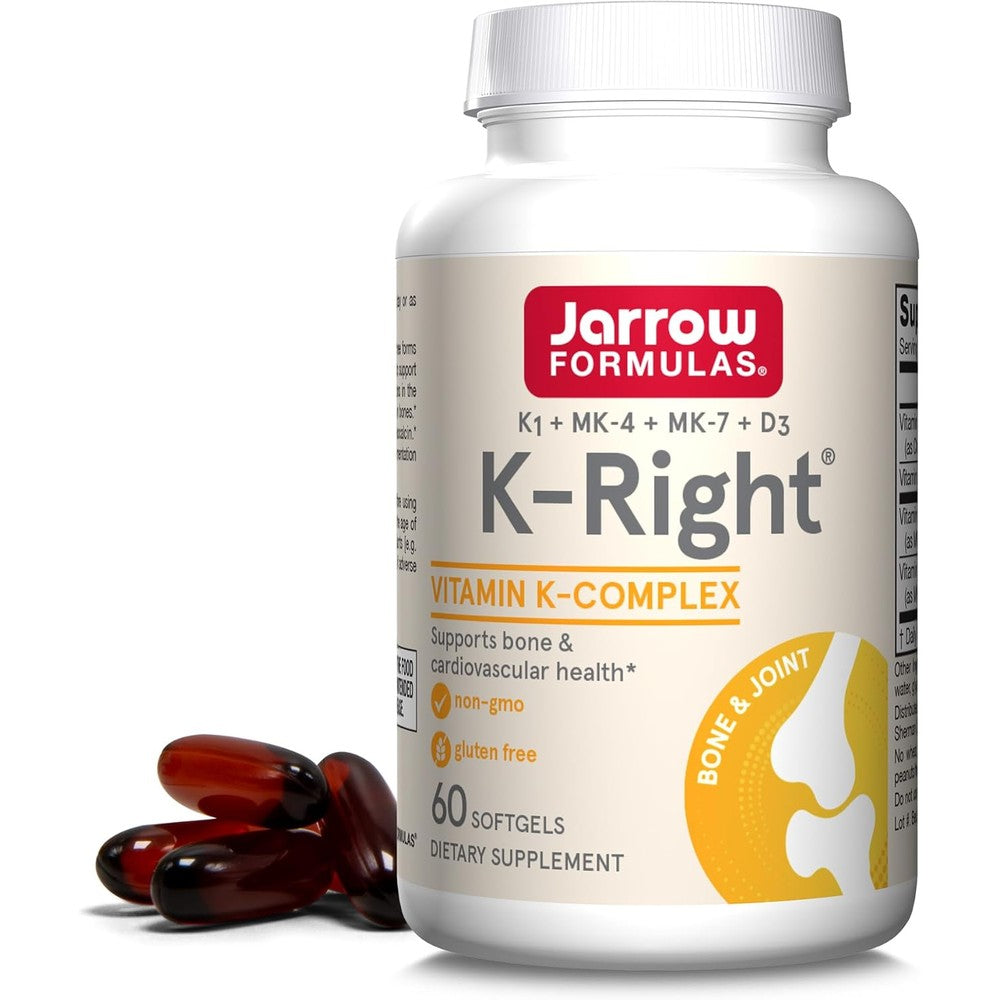 Jarrow Formulas K-Right Vitamin K Complex With Vitamin K1 MK4 MK7 And Vitamin D3 For Bone And Cardiovascular Health 60 Softgels