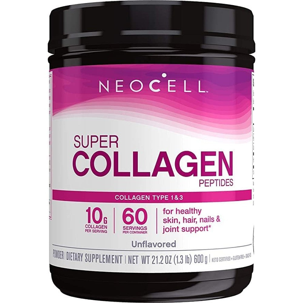 NeoCell Super Collagen Peptides unflavored powder 21.2 ounce front view canister for authentic premium skincare nutrition.