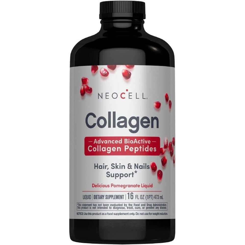 NeoCell Liquid Collagen Pomegranate 16 Fluid Ounce bottle front view showing authentic packaging.