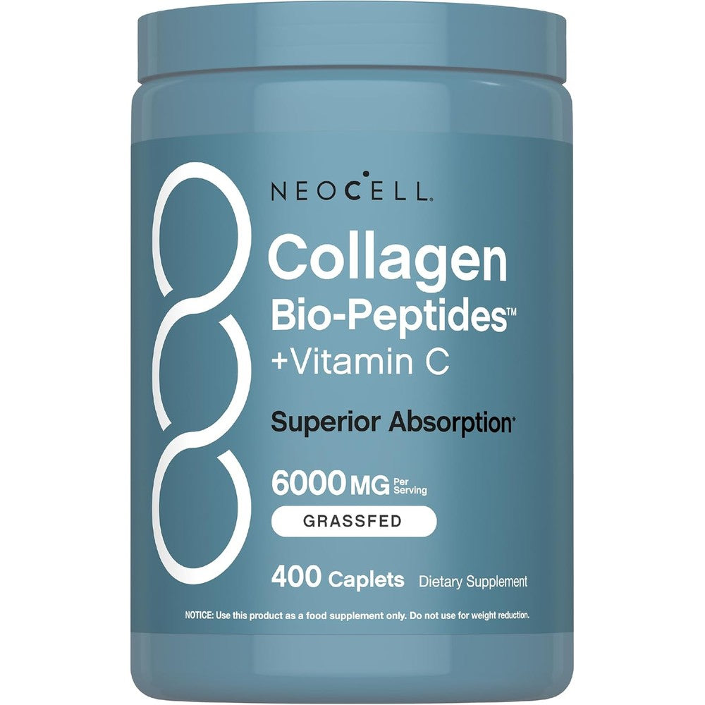 NeoCell Collagen Peptides 400 caplets bottle front view for daily skin elasticity support.