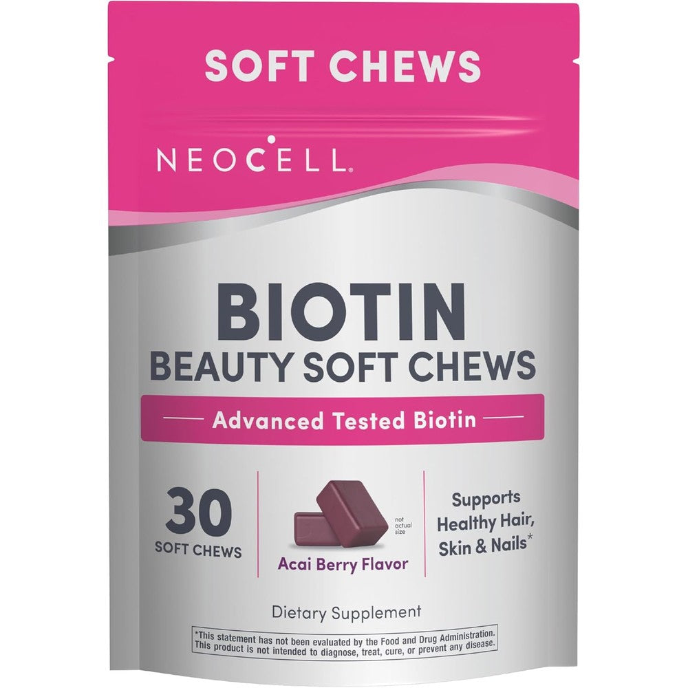 NeoCell Biotin Beauty Soft Chews 30 count front pouch view showing acai berry flavor graphics.