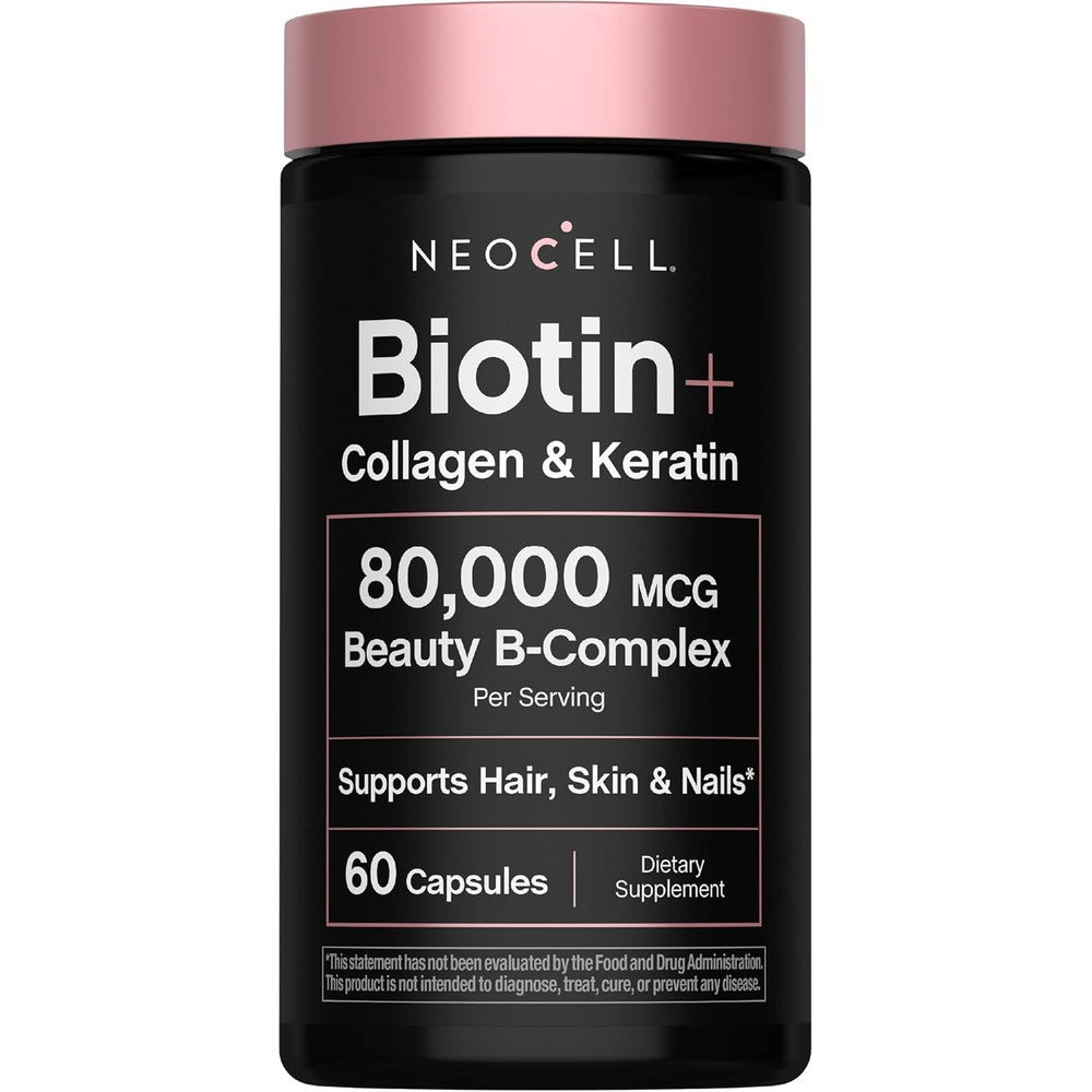 NeoCell Biotin Collagen Keratin supplement front view bottle for hair growth.