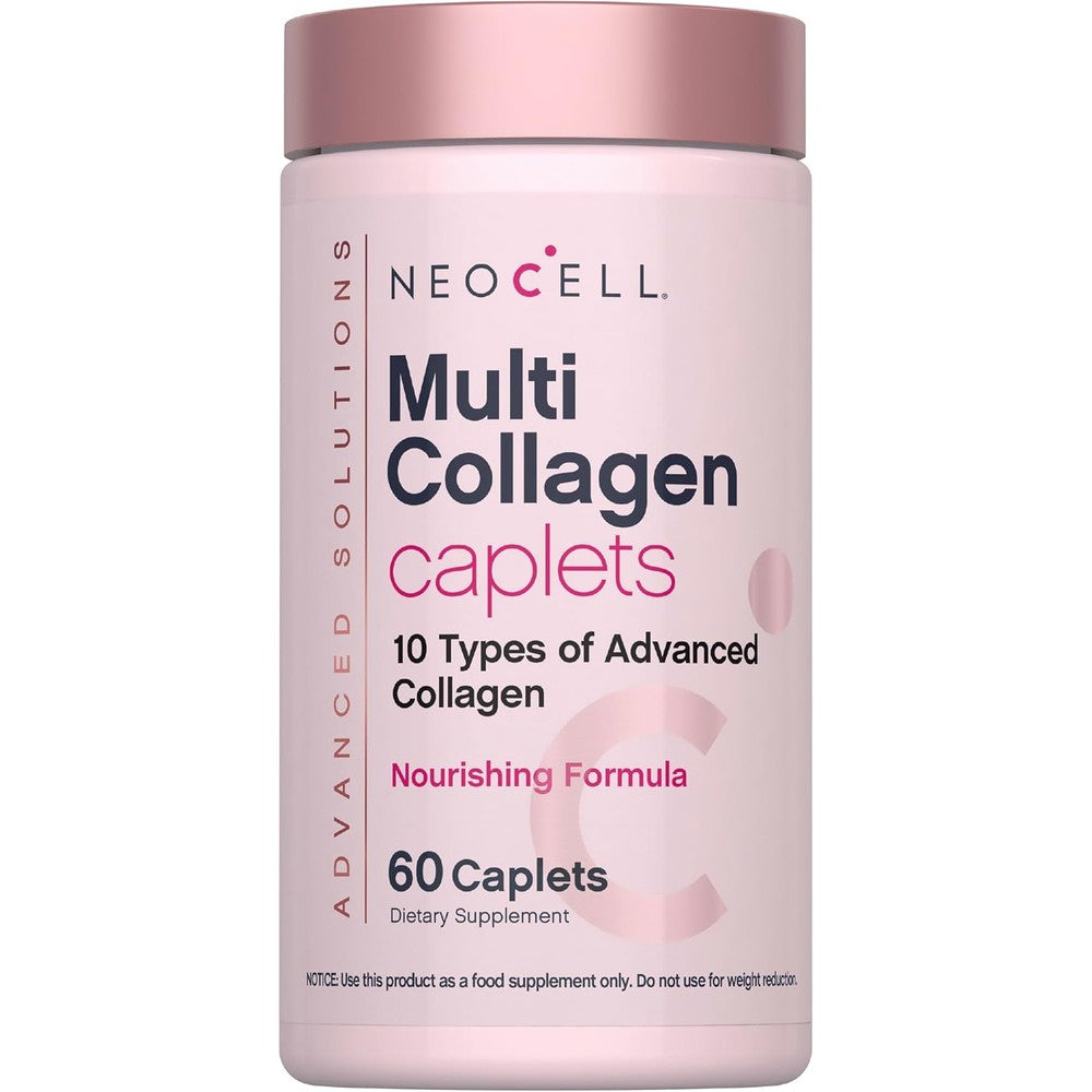 NeoCell Multi Collagen Peptides 60 caplets bottle front view showing the advanced formula label for authentic skin care.