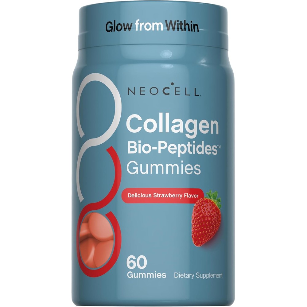 NeoCell Collagen Peptides Gummies 60 Count front view bottle showing strawberry flavor packaging.