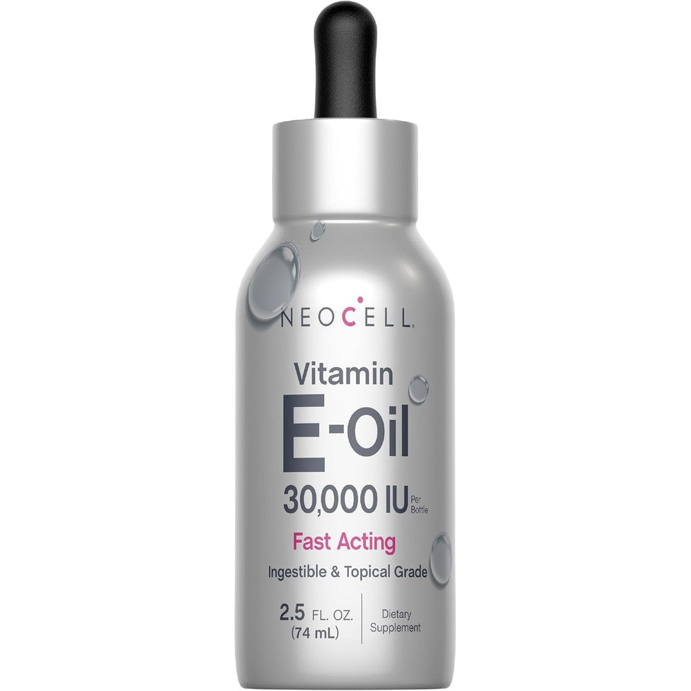 NeoCell Vitamin E Oil 30000IU 2.5 fluid ounces bottle front view showcasing dropper applicator