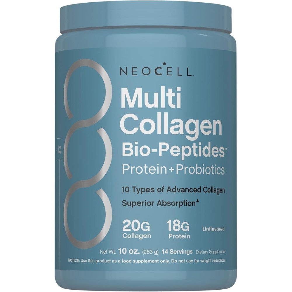NeoCell Multi Collagen Bio Peptides Powder 10 Ounce front packaging showing authentic advanced beauty formula