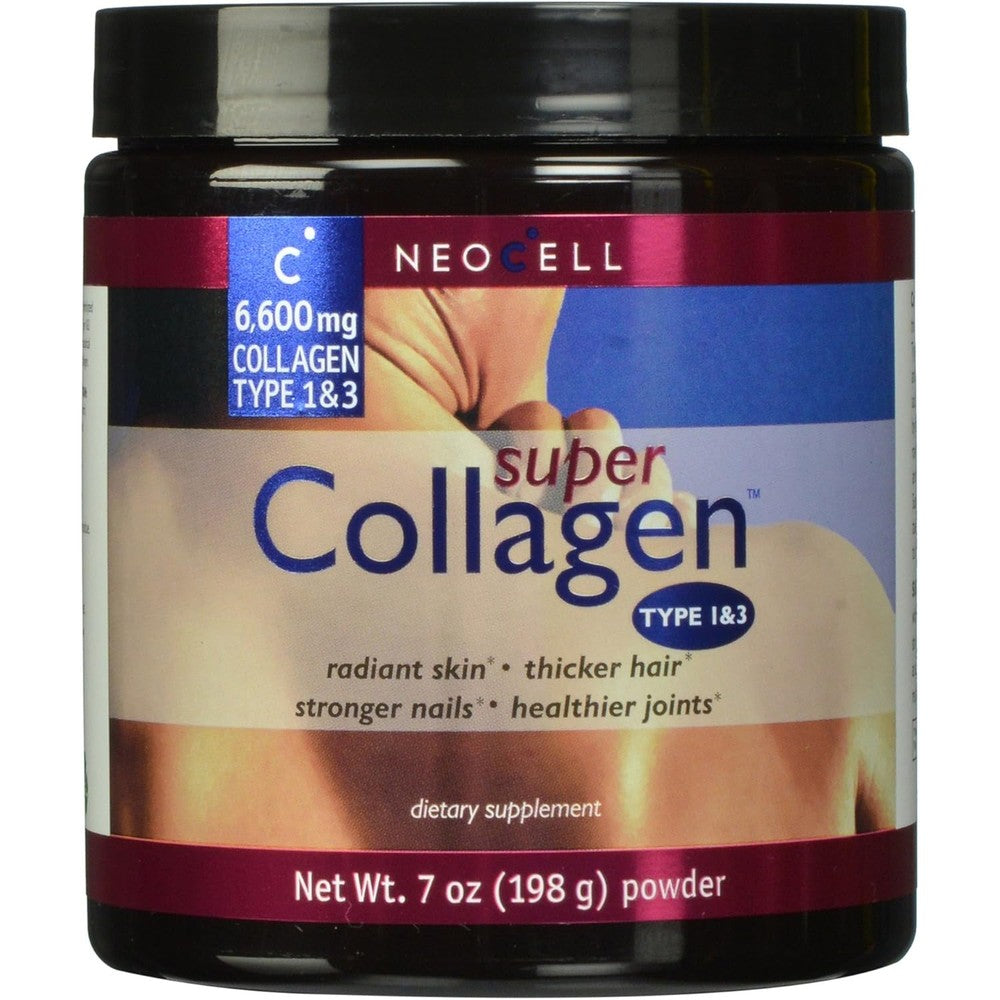 NeoCell Super Collagen Powder 7 ounces front view showing grass fed types 1 and 3 collagen details