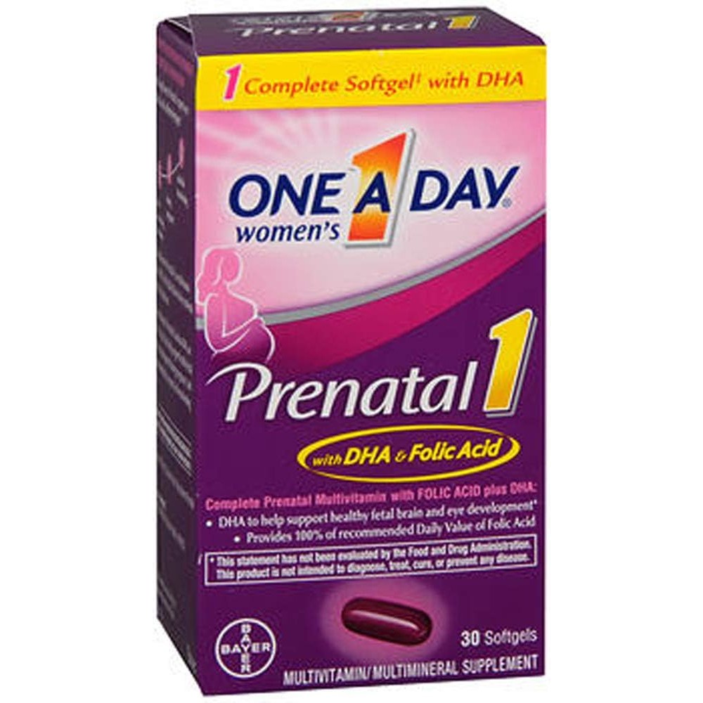 One A Day Prenatal 1 with DHA and Folic Acid Softgels Pack of 2 front display box