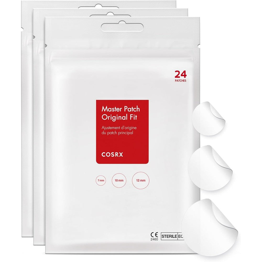 COSRX Acne Pimple Master Patch front packaging showing three sheet sizes for spot care