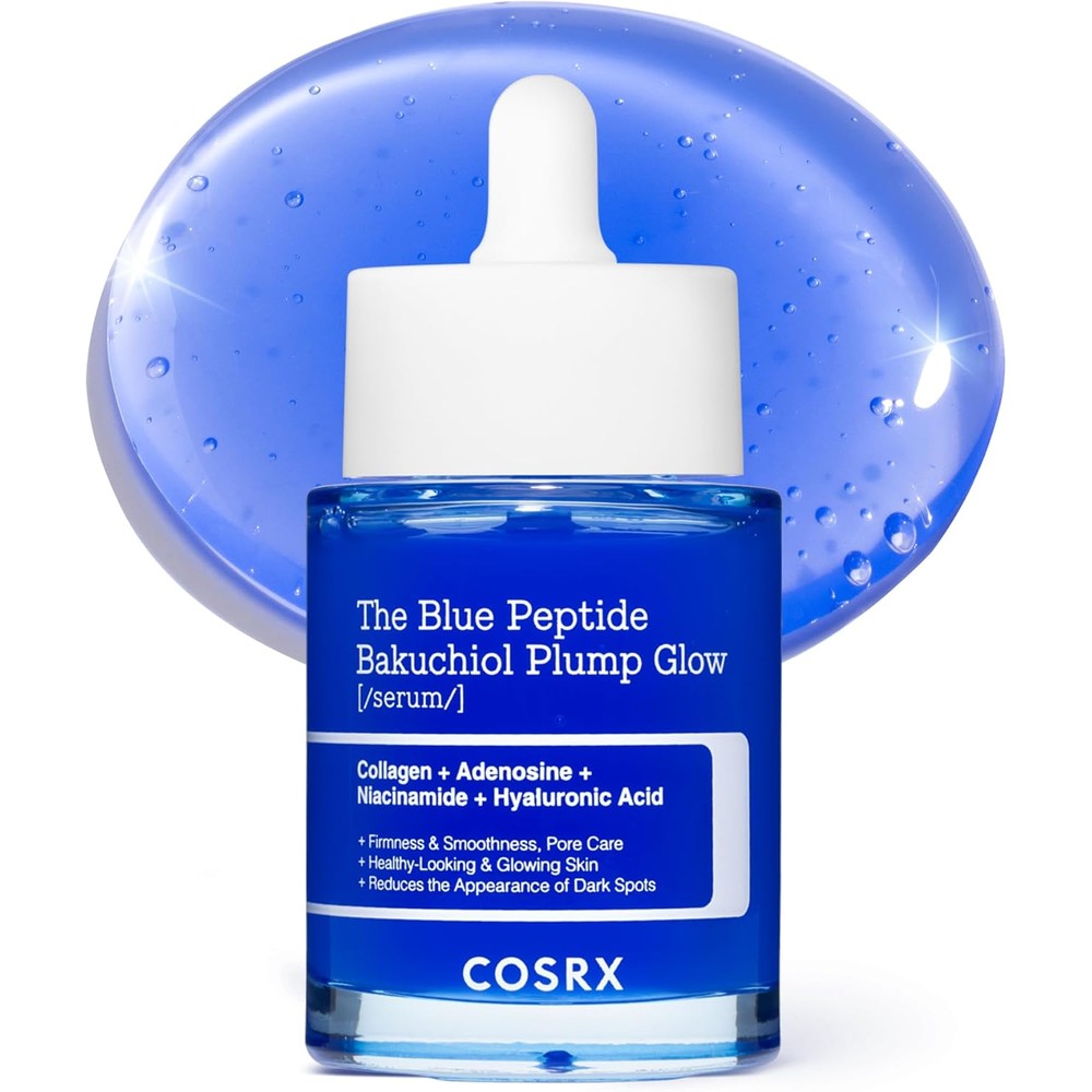 COSRX Blue Peptide Bakuchiol Serum front view of the glass skin plumping bottle