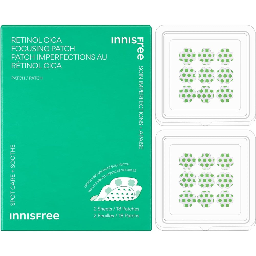 Innisfree Retinol Cica Focusing Patch front packaging view showcasing the authentic microneedle spot treatment sheets.