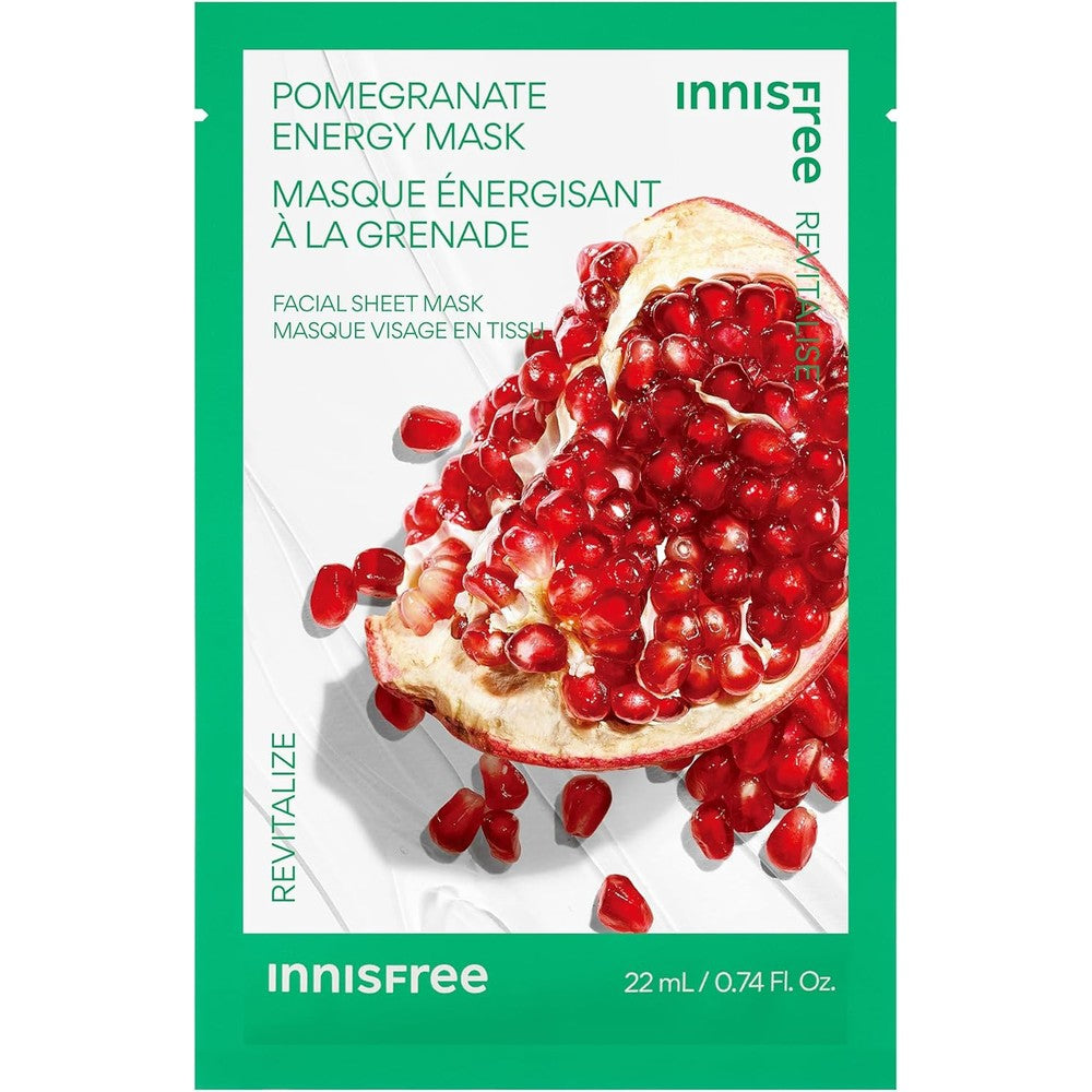 Innisfree Pomegranate Energy Mask front view showing authentic Korean skincare packaging
